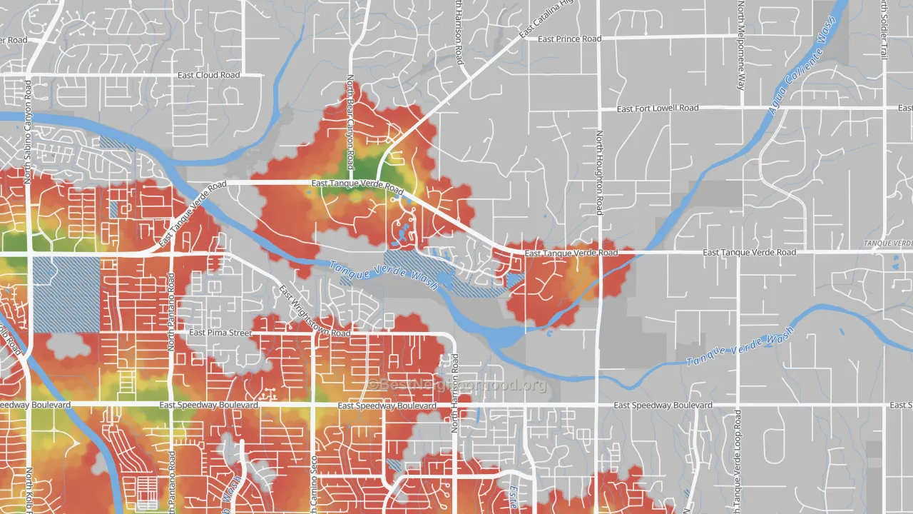 Walk Grade map of Bear Canyon, Tucson, AZ, walkable areas in green and car-dependent areas in red