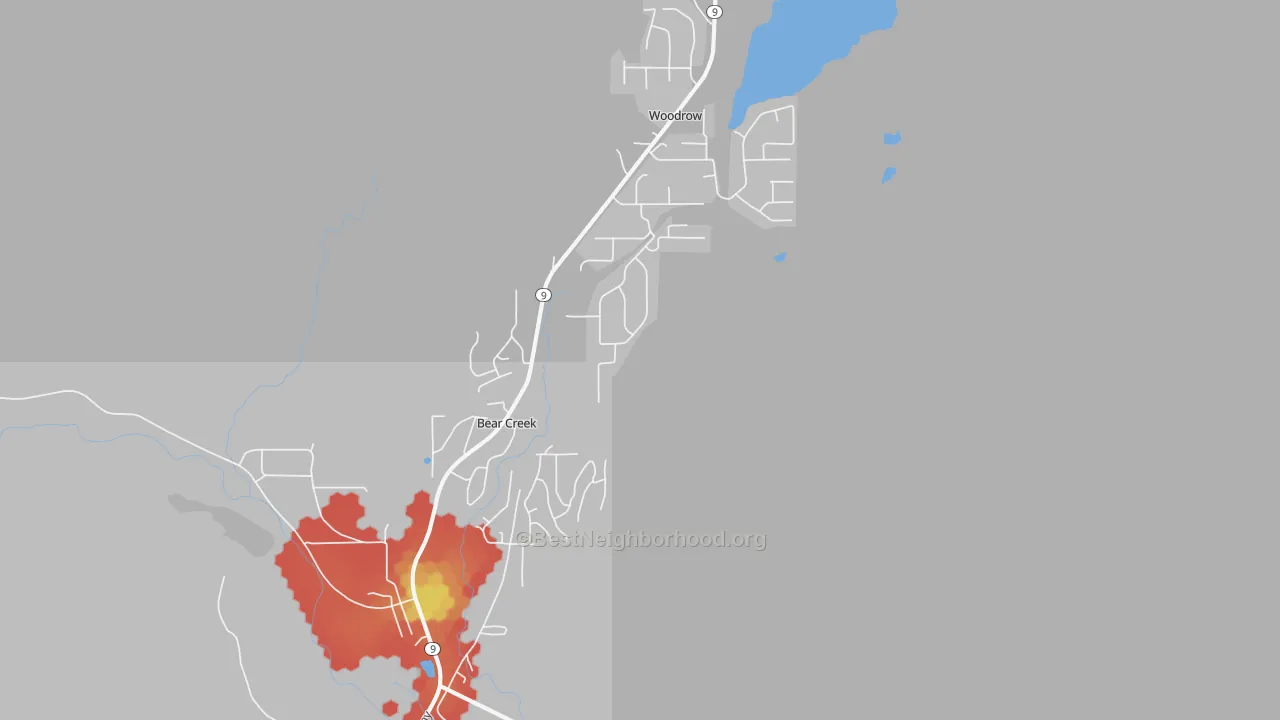 Walk Grade map of Bear Creek, AK, walkable areas in green and car-dependent areas in red