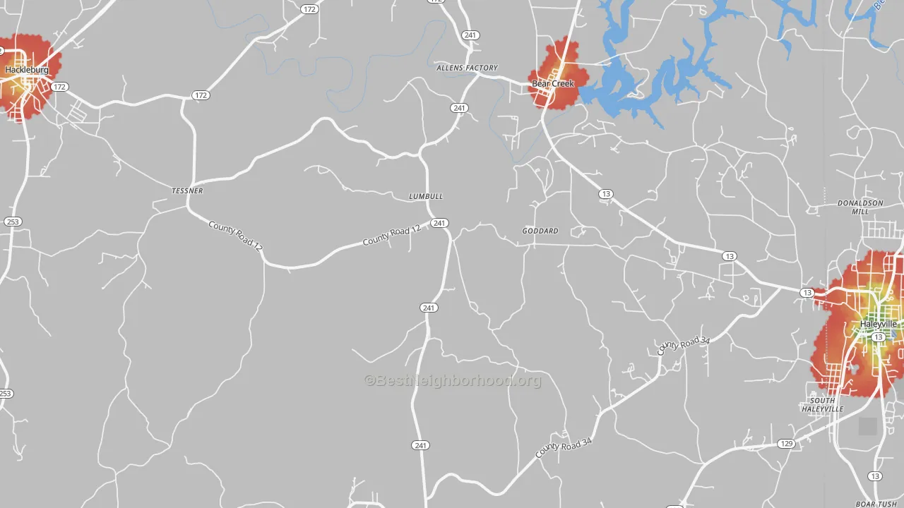 Walk Grade map of Bear Creek, AL, walkable areas in green and car-dependent areas in red