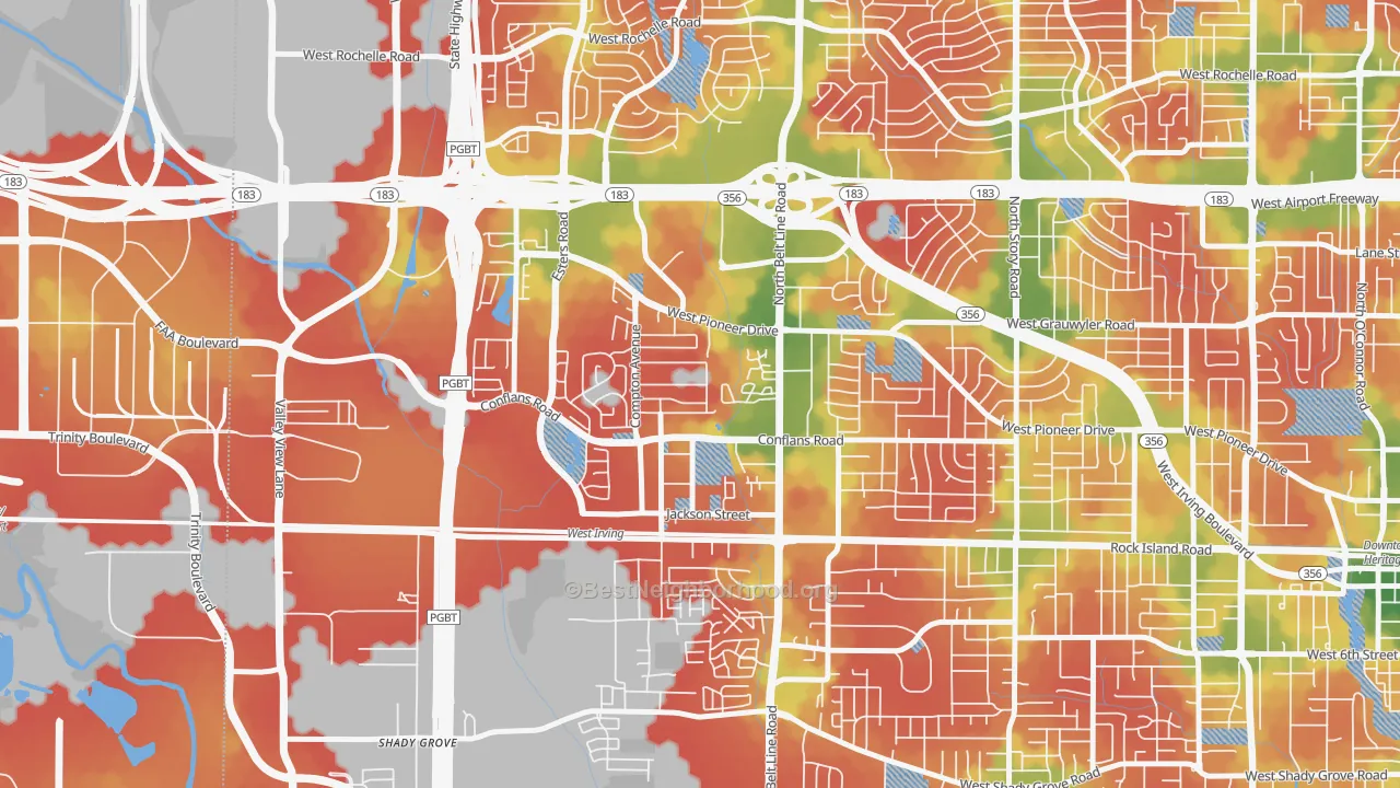 Walk Grade map of Bear Creek, Irving, TX, walkable areas in green and car-dependent areas in red