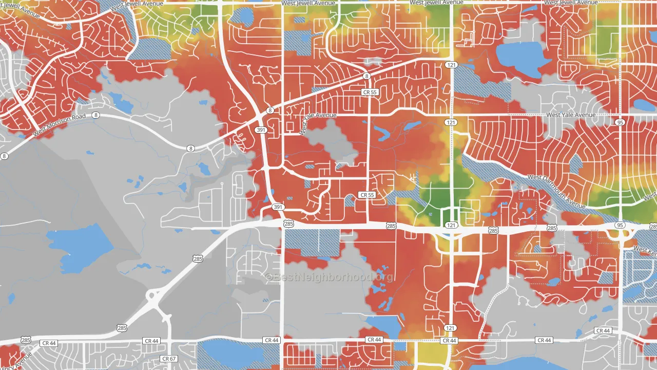 Walk Grade map of Bear Creek, Lakewood, CO, walkable areas in green and car-dependent areas in red