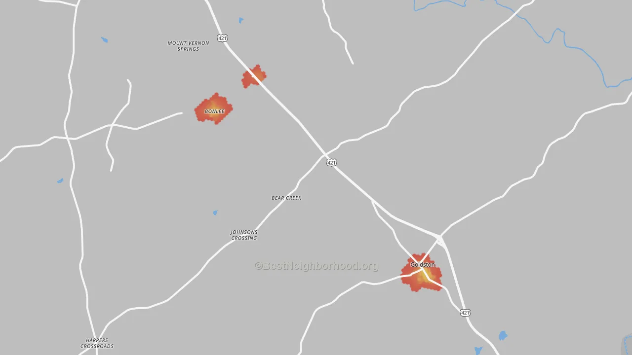 Walk Grade map of Bear Creek, NC, walkable areas in green and car-dependent areas in red