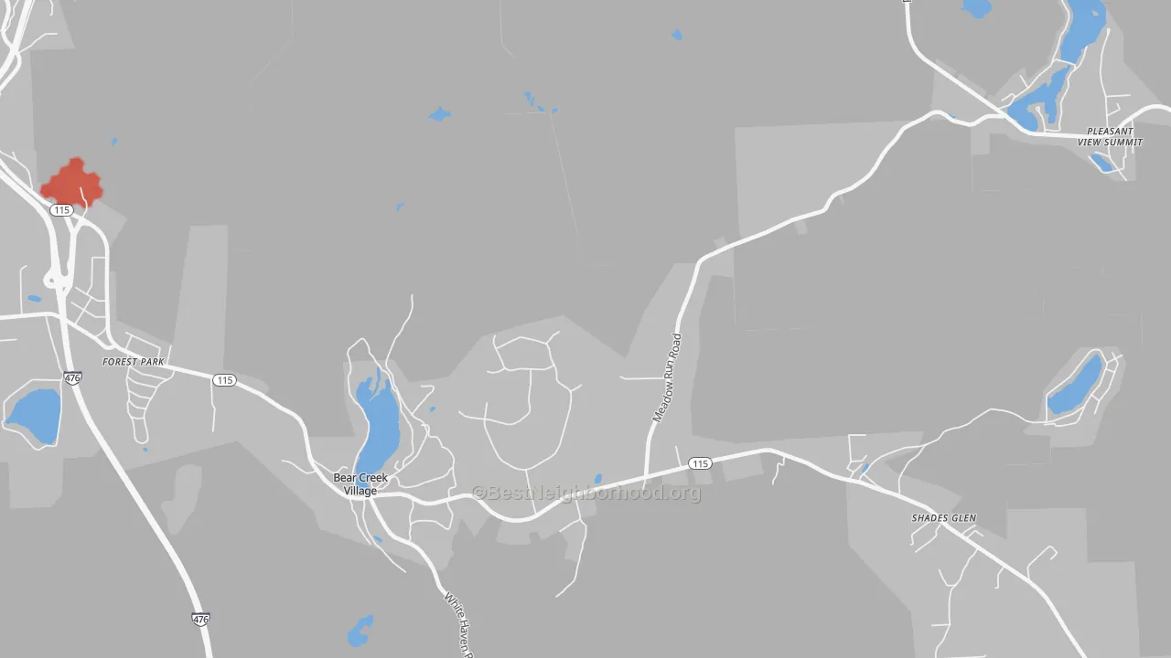 Walk Grade map of Bear Creek, PA, walkable areas in green and car-dependent areas in red