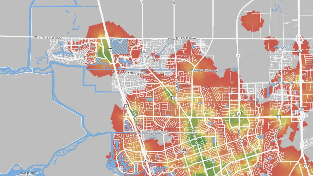 Walk Grade map of Bear Creek, Stockton, CA, walkable areas in green and car-dependent areas in red