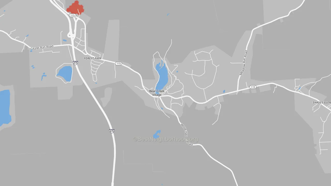 Walk Grade map of Bear Creek Village, PA, walkable areas in green and car-dependent areas in red