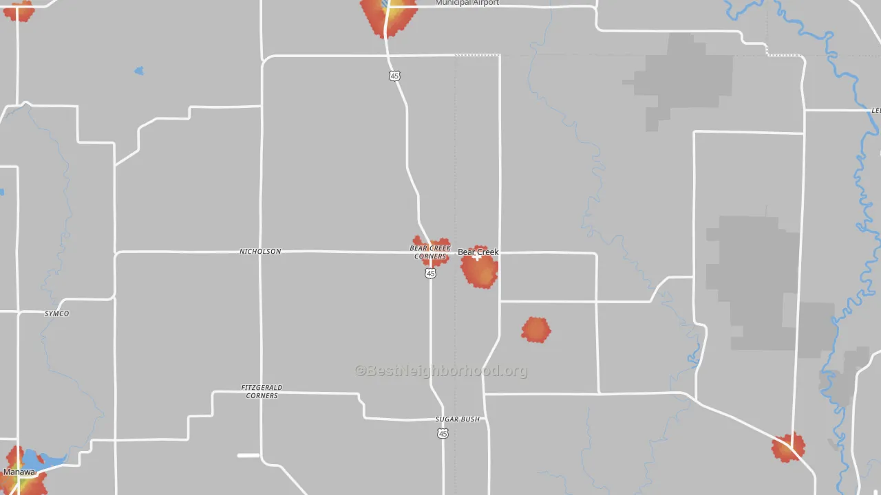 Walk Grade map of Bear Creek, WI, walkable areas in green and car-dependent areas in red