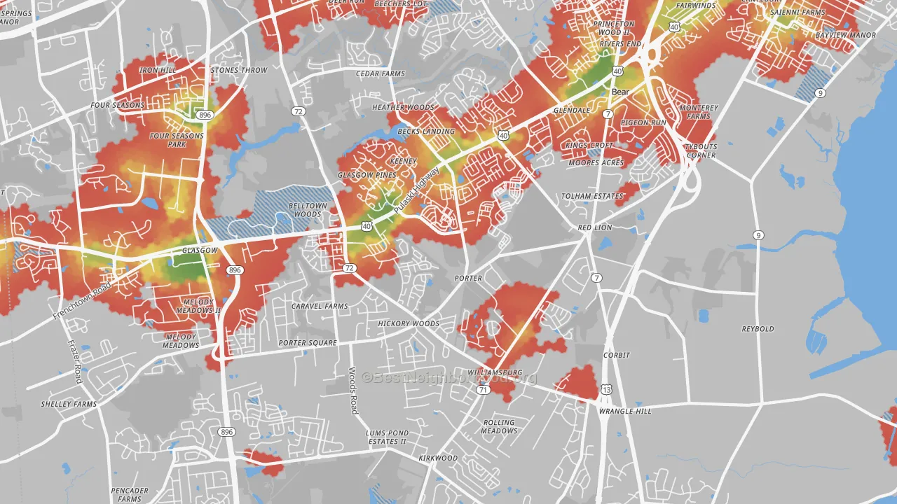 Walk Grade map of Bear, DE, walkable areas in green and car-dependent areas in red