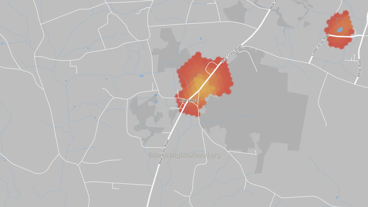 Walk Grade map of Bear Grass, NC, walkable areas in green and car-dependent areas in red