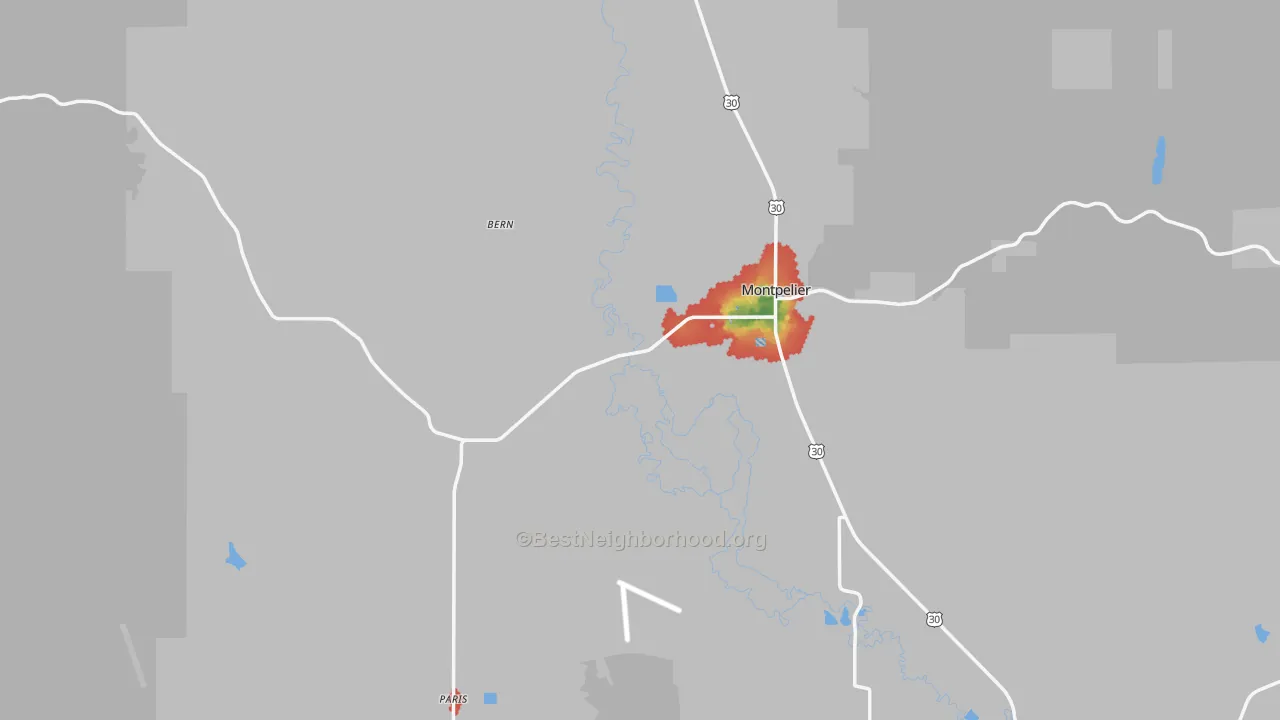 Walk Grade map of Bear Lake County, ID, walkable areas in green and car-dependent areas in red