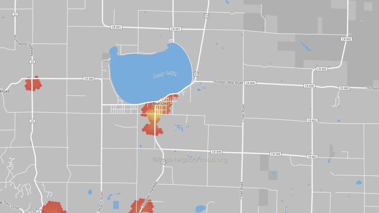 Walk Grade map of Bear Lake, MI, walkable areas in green and car-dependent areas in red