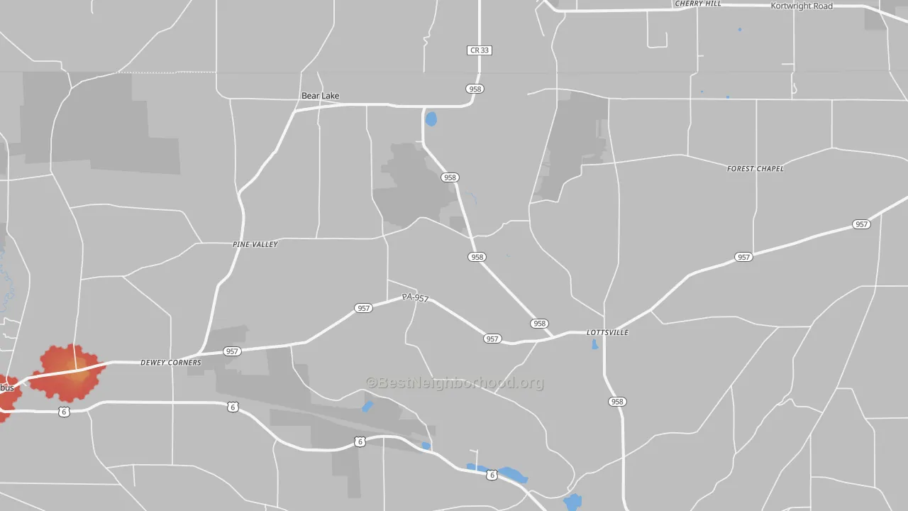 Walk Grade map of Bear Lake, PA, walkable areas in green and car-dependent areas in red