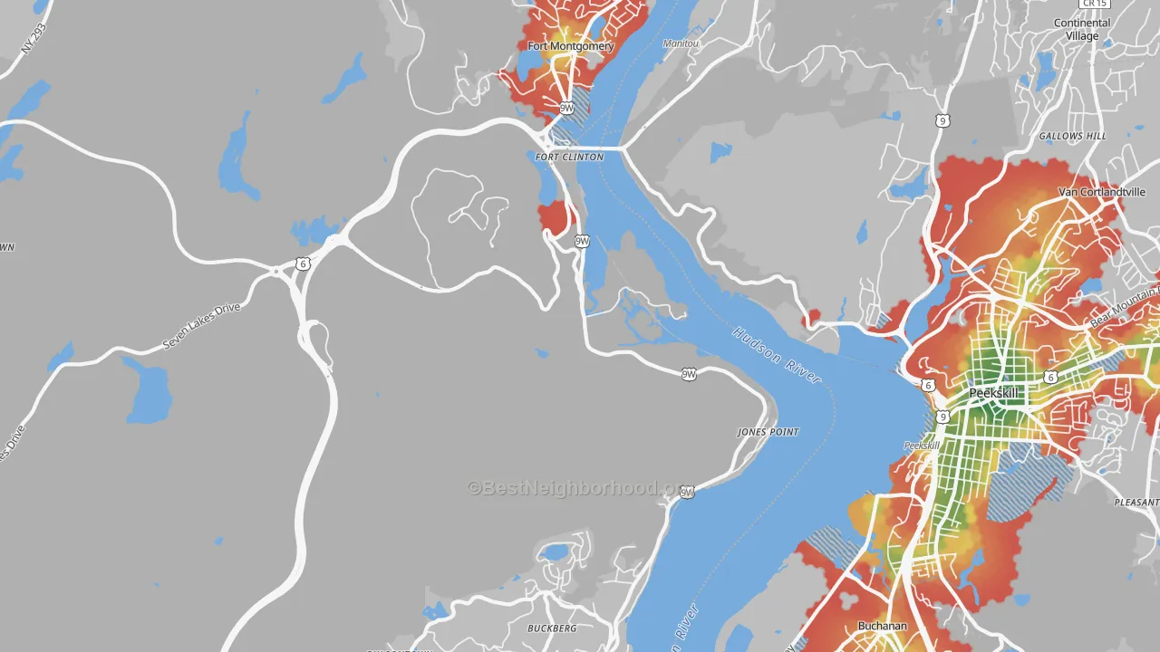 Walk Grade map of Bear Mountain, NY, walkable areas in green and car-dependent areas in red