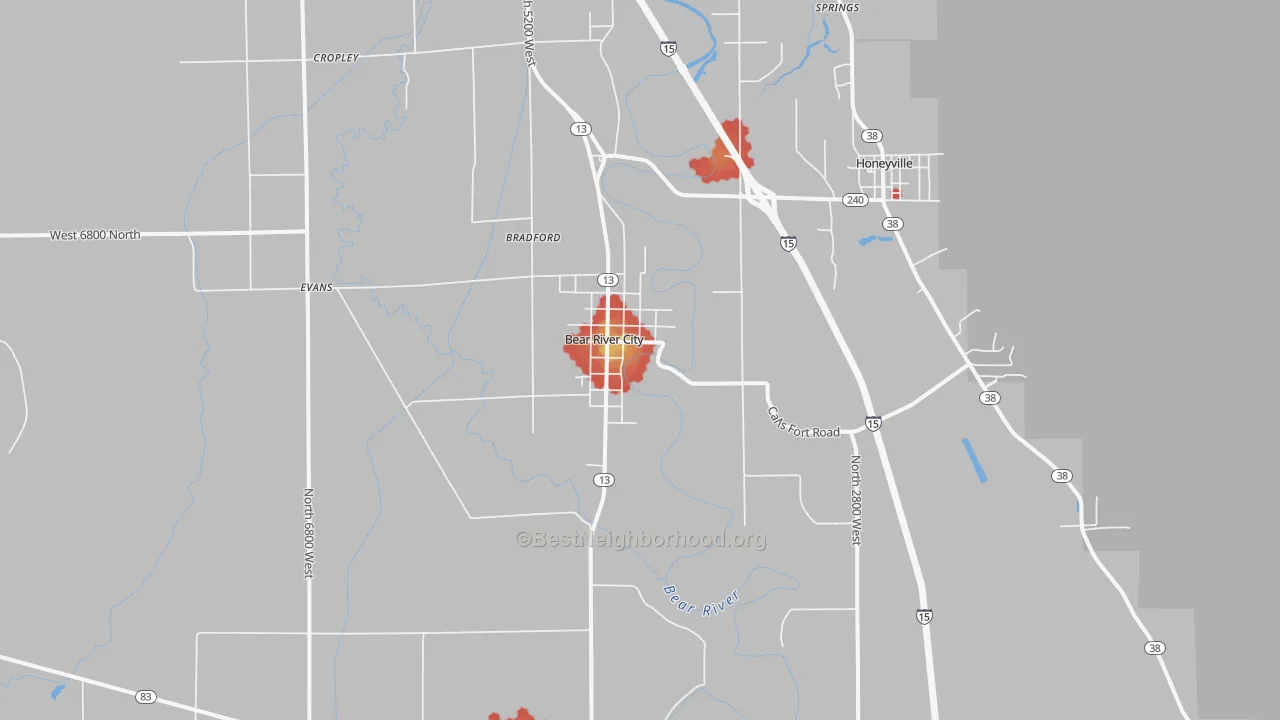 Walk Grade map of Bear River City, UT, walkable areas in green and car-dependent areas in red