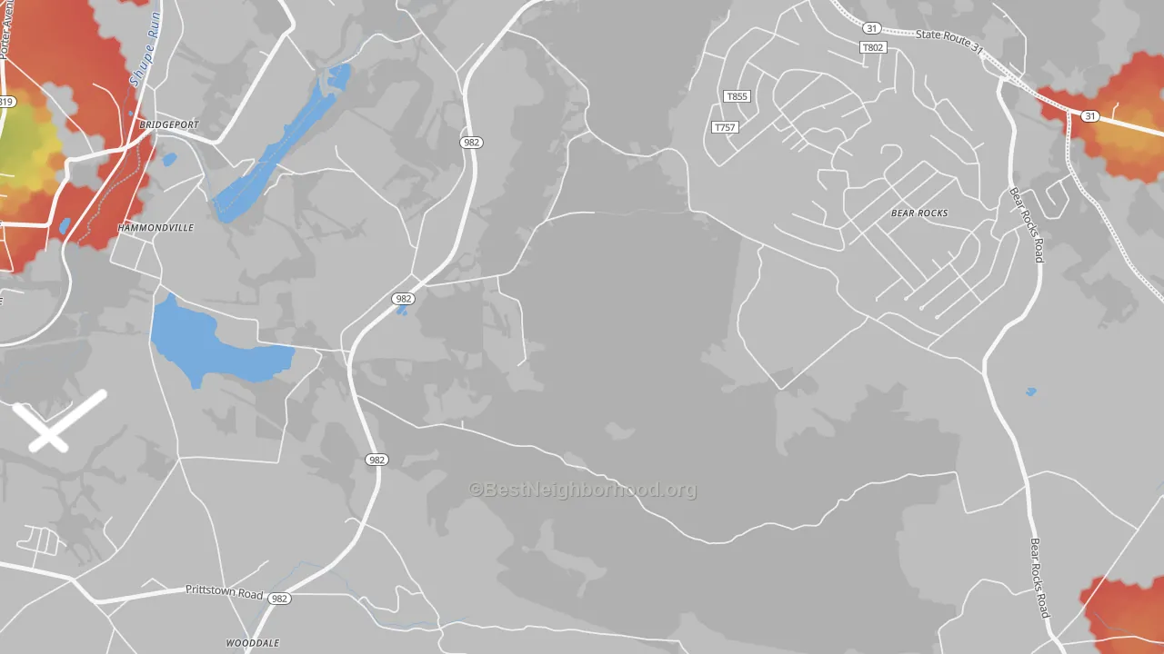 Walk Grade map of Bear Rocks, PA, walkable areas in green and car-dependent areas in red