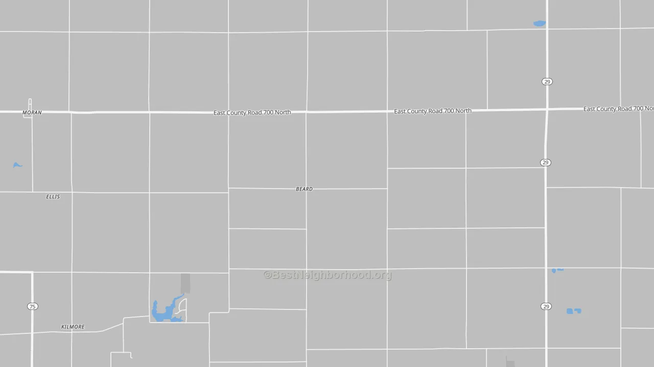 Walk Grade map of Beard, IN, walkable areas in green and car-dependent areas in red