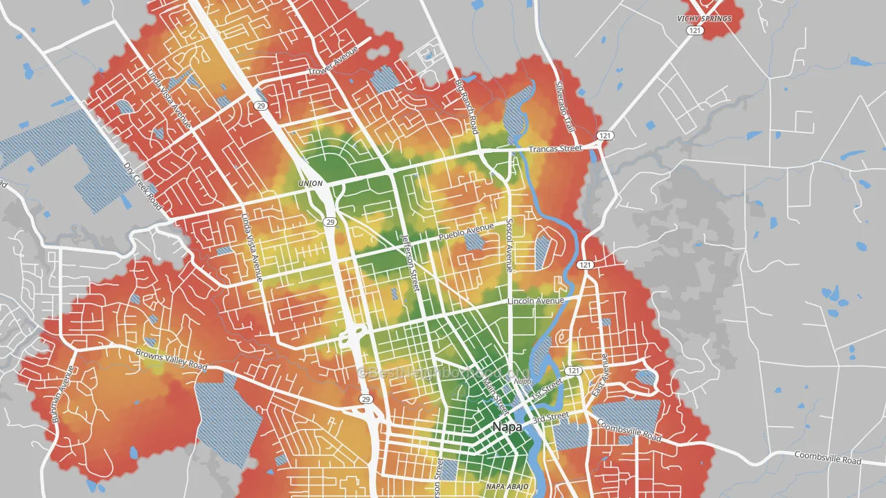 Walk Grade map of Beard, Napa, CA, walkable areas in green and car-dependent areas in red