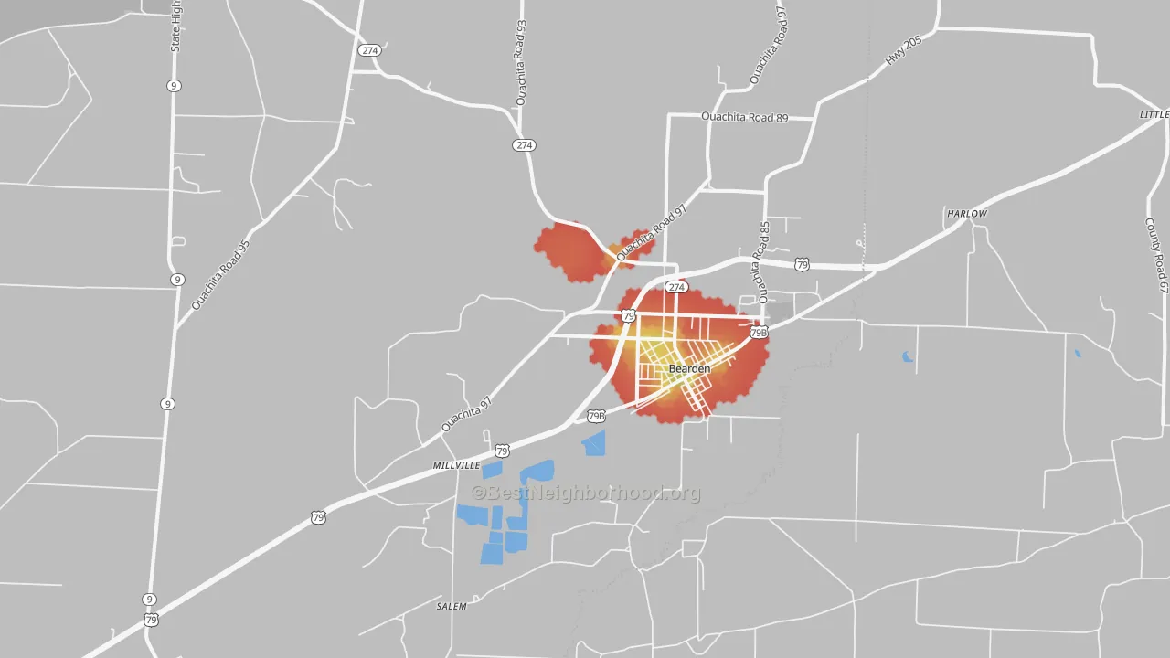 Walk Grade map of Bearden, AR, walkable areas in green and car-dependent areas in red