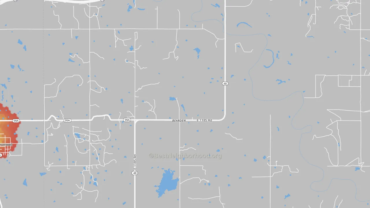 Walk Grade map of Bearden, OK, walkable areas in green and car-dependent areas in red