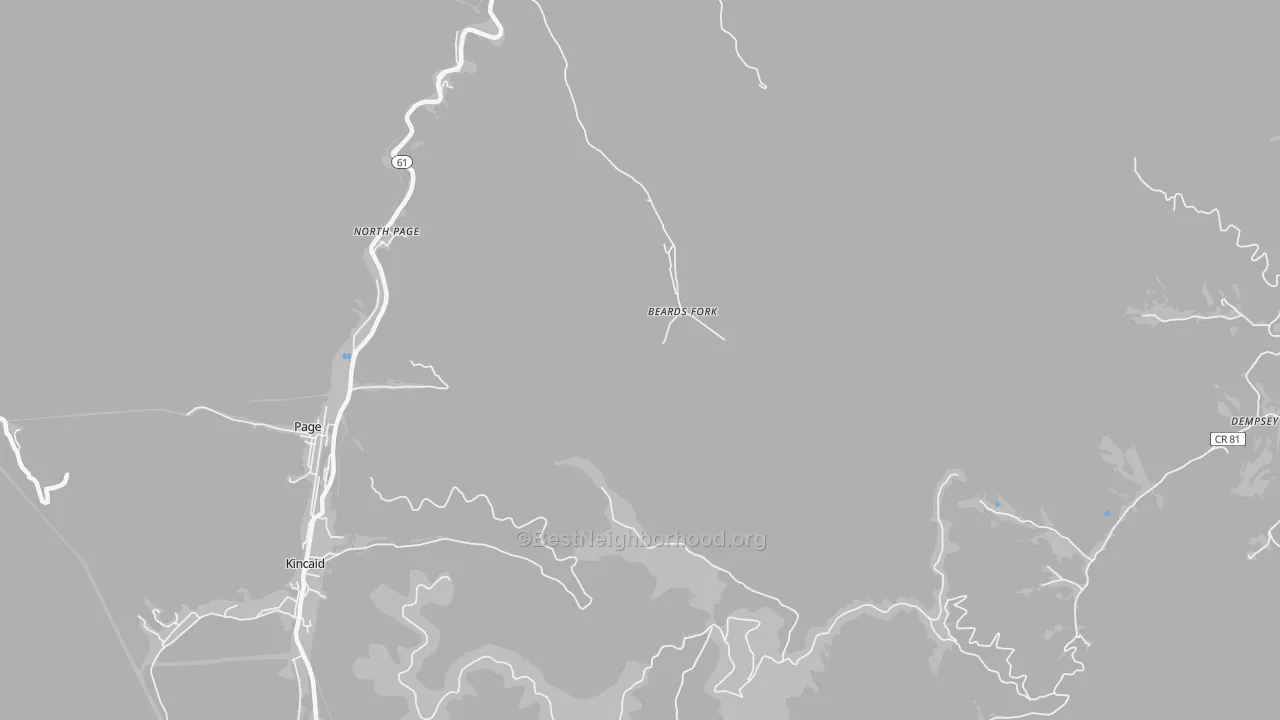 Walk Grade map of Beards Fork, WV, walkable areas in green and car-dependent areas in red