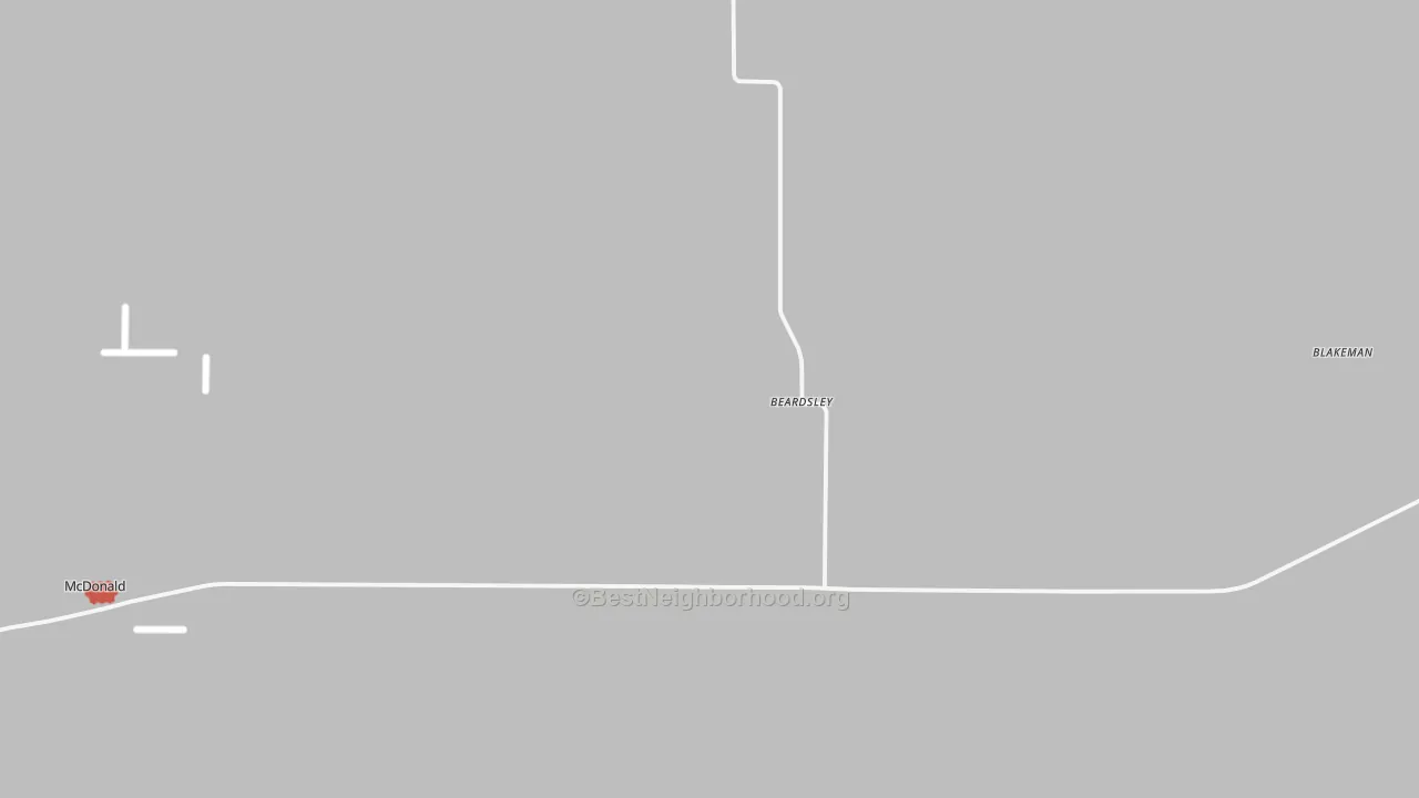 Walk Grade map of Beardsley, KS, walkable areas in green and car-dependent areas in red