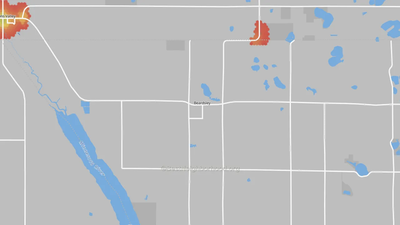 Walk Grade map of Beardsley, MN, walkable areas in green and car-dependent areas in red