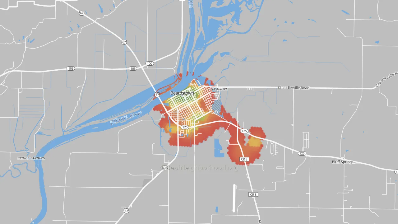 Walk Grade map of Beardstown, IL, walkable areas in green and car-dependent areas in red