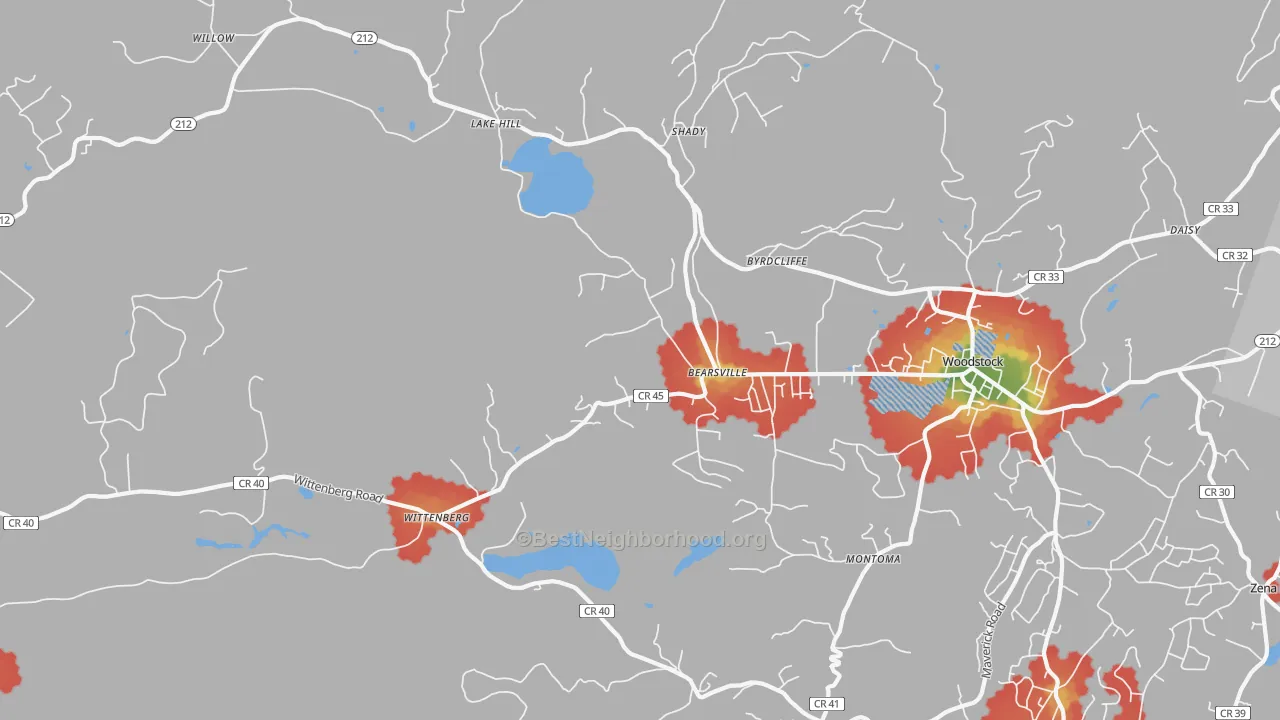 Walk Grade map of Bearsville, NY, walkable areas in green and car-dependent areas in red