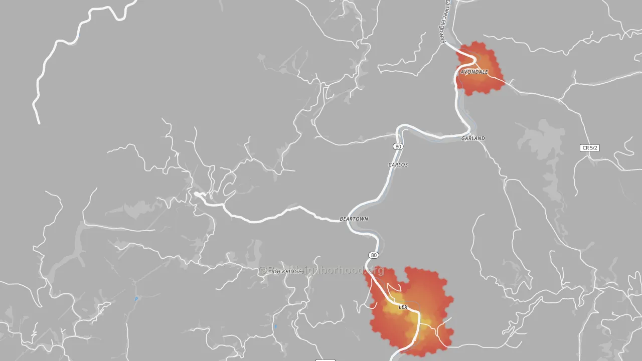 Walk Grade map of Beartown, WV, walkable areas in green and car-dependent areas in red