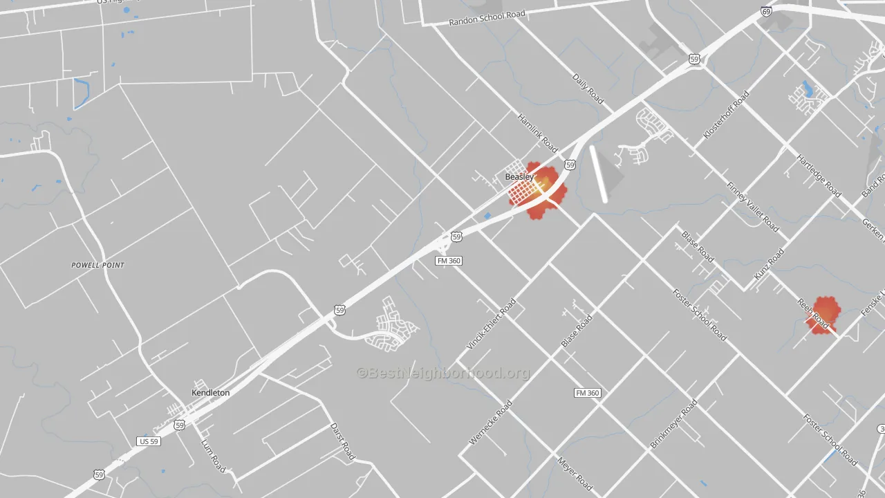 Walk Grade map of Beasley, TX, walkable areas in green and car-dependent areas in red