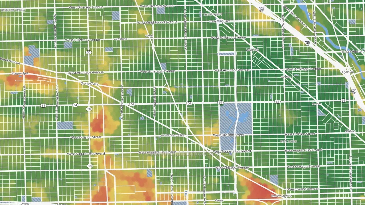 Walk Grade map of Beat 2535, Chicago, IL, walkable areas in green and car-dependent areas in red