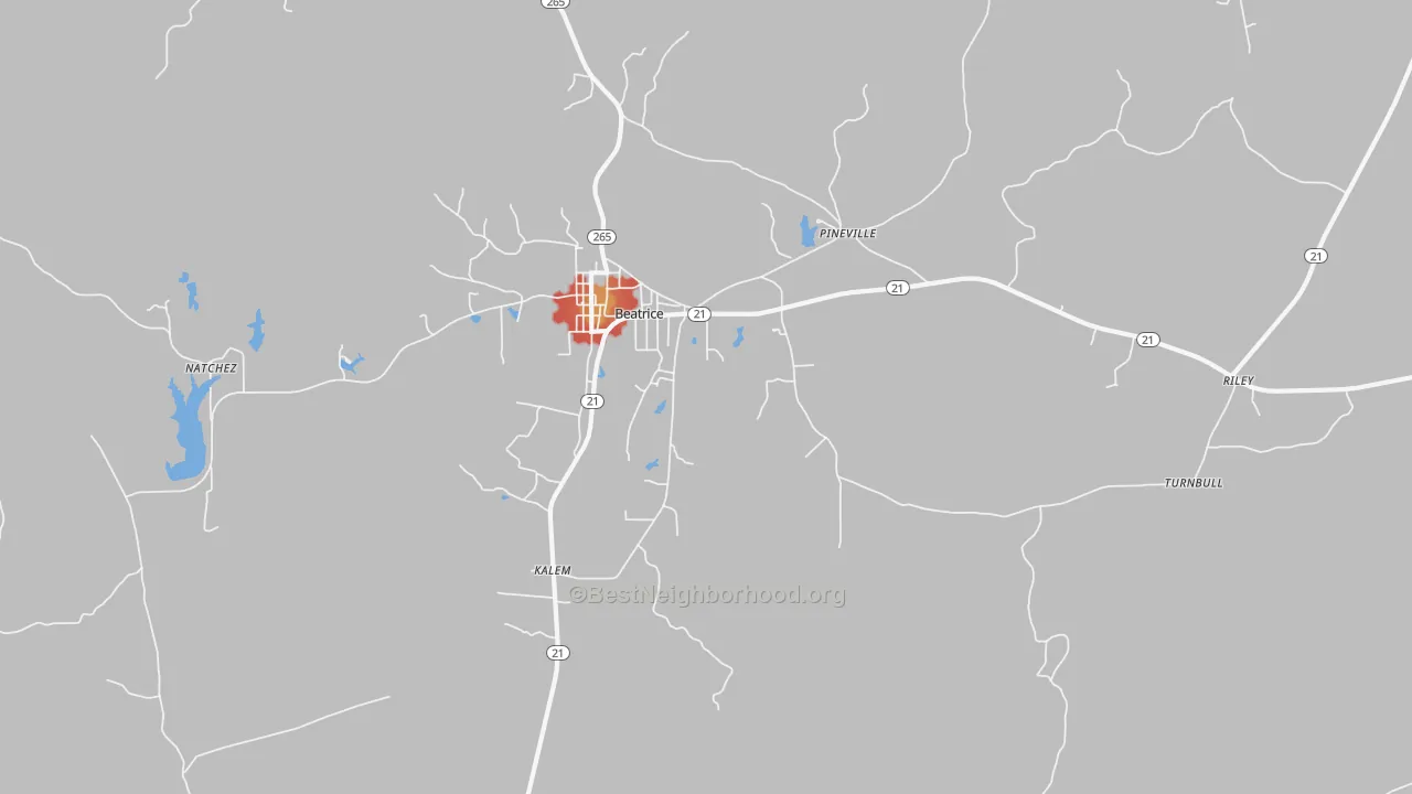 Walk Grade map of Beatrice, AL, walkable areas in green and car-dependent areas in red