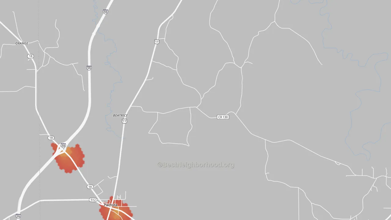 Walk Grade map of Beatrice, MS, walkable areas in green and car-dependent areas in red
