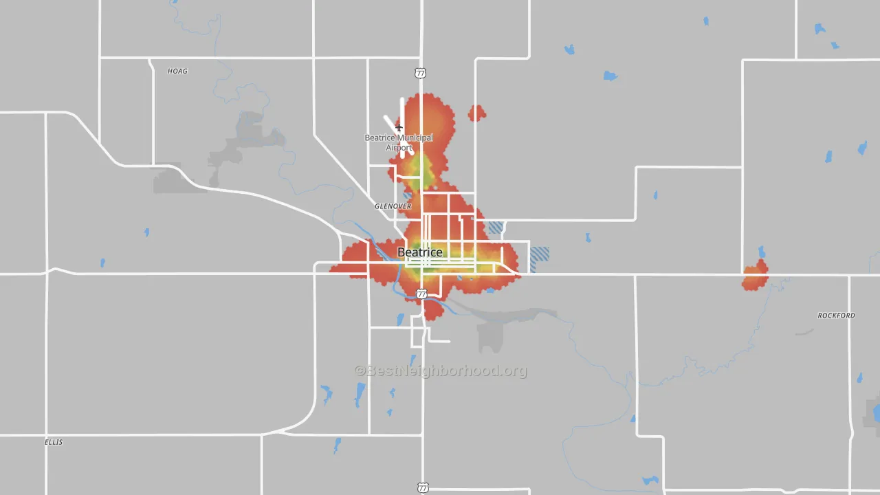 Walk Grade map of Beatrice, NE, walkable areas in green and car-dependent areas in red