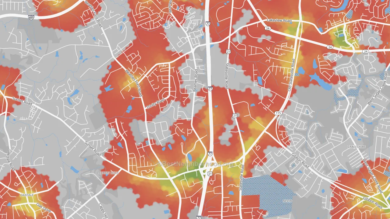 Walk Grade map of Beatties Ford-Trinity, Charlotte, NC, walkable areas in green and car-dependent areas in red