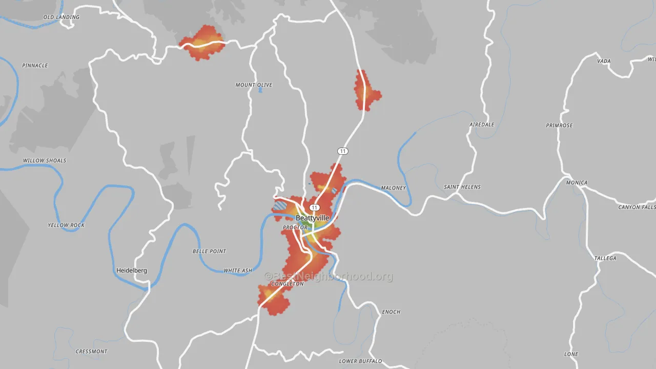 Walk Grade map of Beattyville, KY, walkable areas in green and car-dependent areas in red