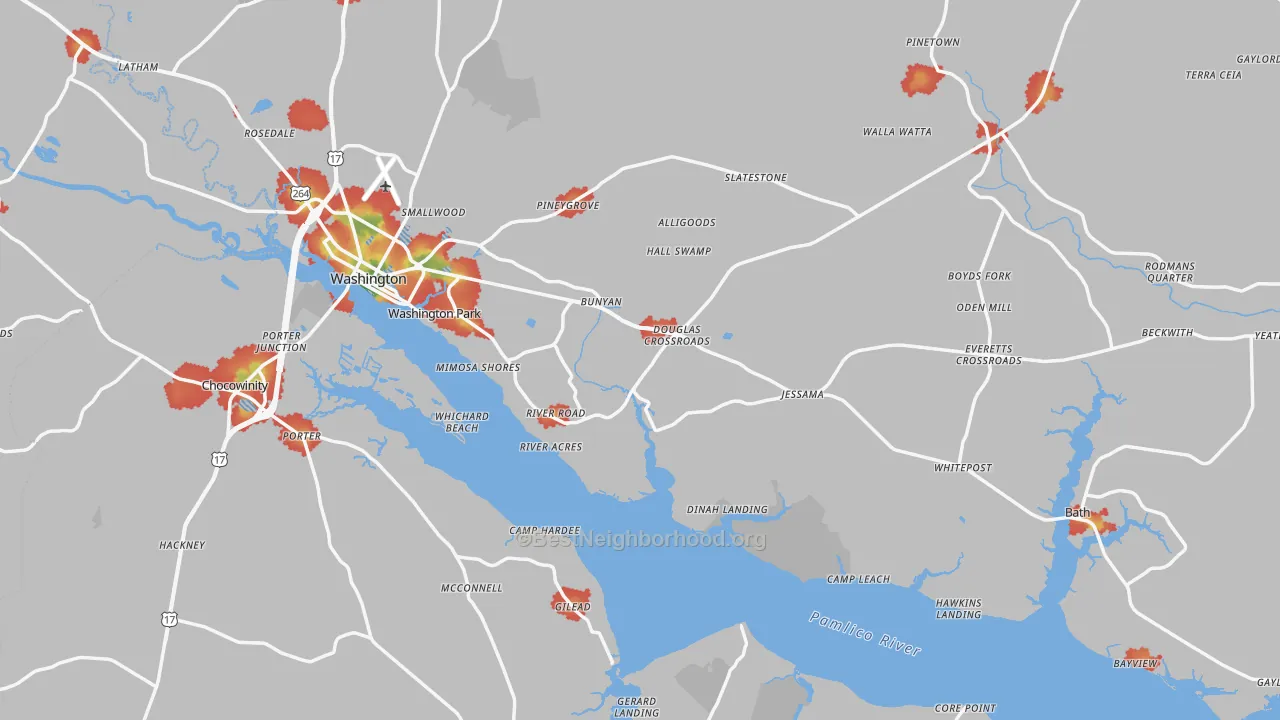 Walk Grade map of Beaufort County, NC, walkable areas in green and car-dependent areas in red