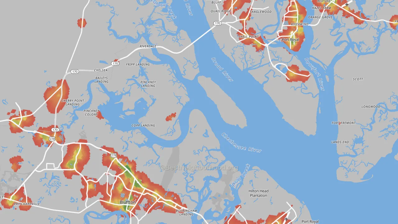 Walk Grade map of Beaufort County, SC, walkable areas in green and car-dependent areas in red