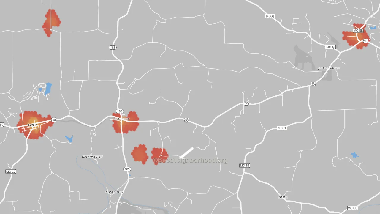 Walk Grade map of Beaufort, MO, walkable areas in green and car-dependent areas in red