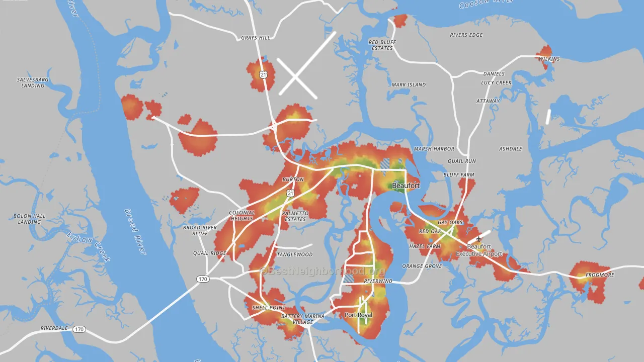 Walk Grade map of Beaufort, SC, walkable areas in green and car-dependent areas in red