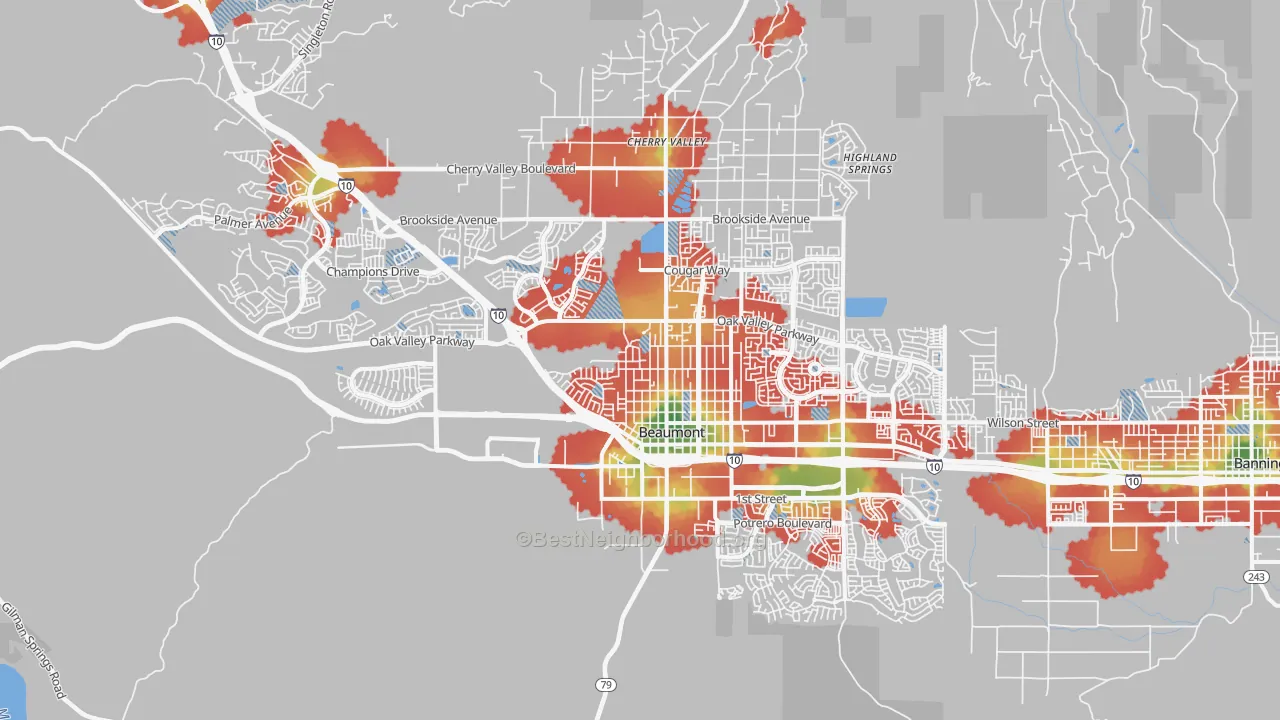 Walk Grade map of Beaumont, CA, walkable areas in green and car-dependent areas in red