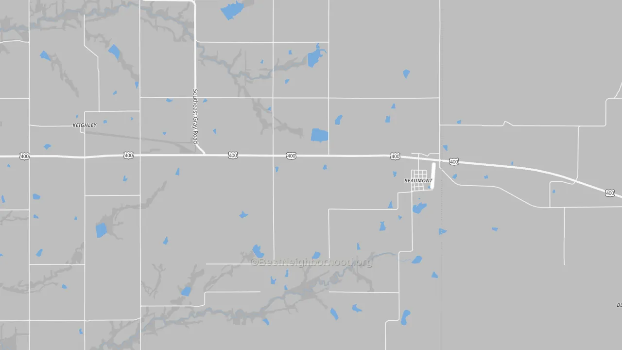 Walk Grade map of Beaumont, KS, walkable areas in green and car-dependent areas in red