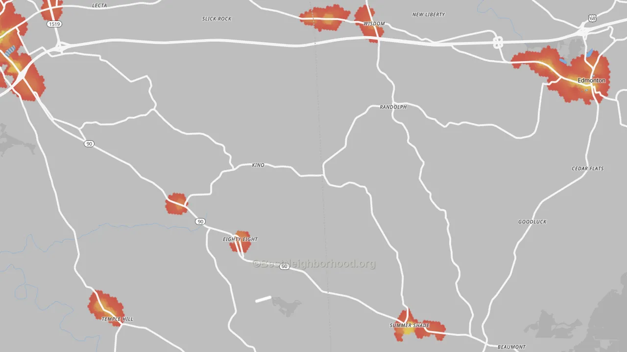 Walk Grade map of Beaumont, KY, walkable areas in green and car-dependent areas in red