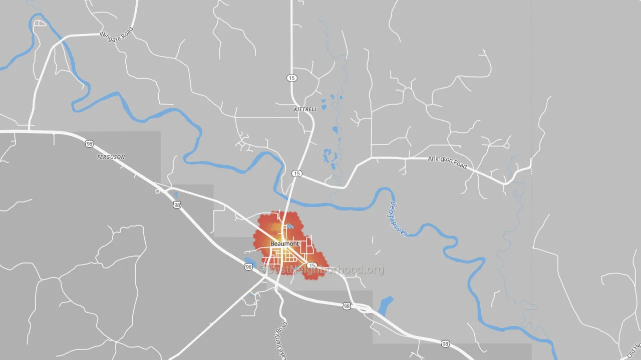 Walk Grade map of Beaumont, MS, walkable areas in green and car-dependent areas in red