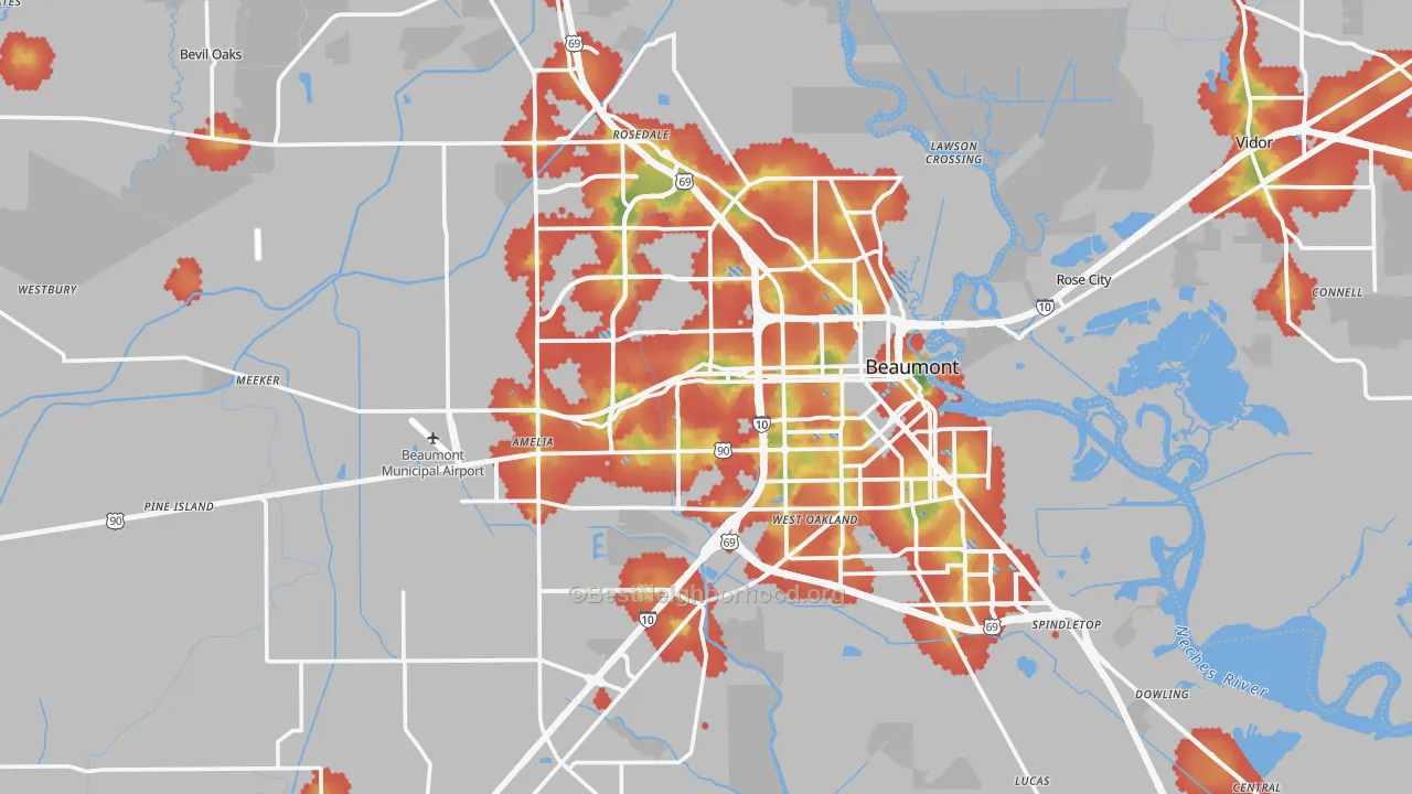 Walk Grade map of Beaumont, TX, walkable areas in green and car-dependent areas in red