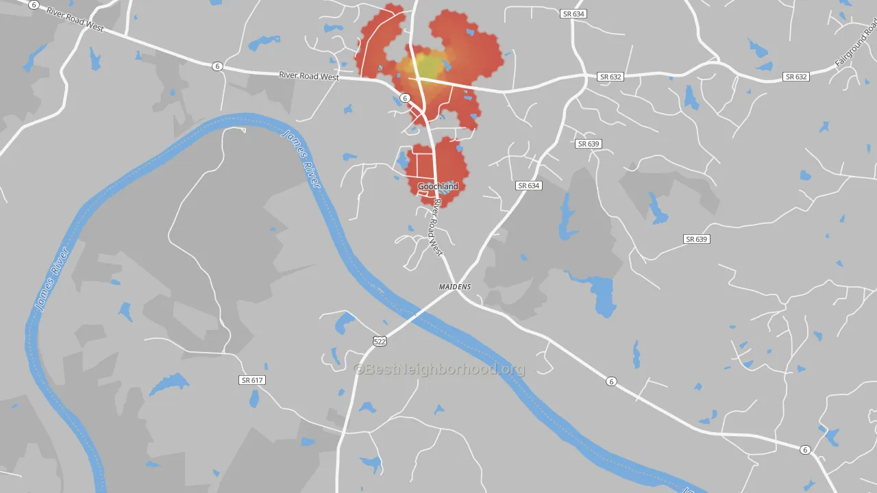 Walk Grade map of Beaumont, VA, walkable areas in green and car-dependent areas in red