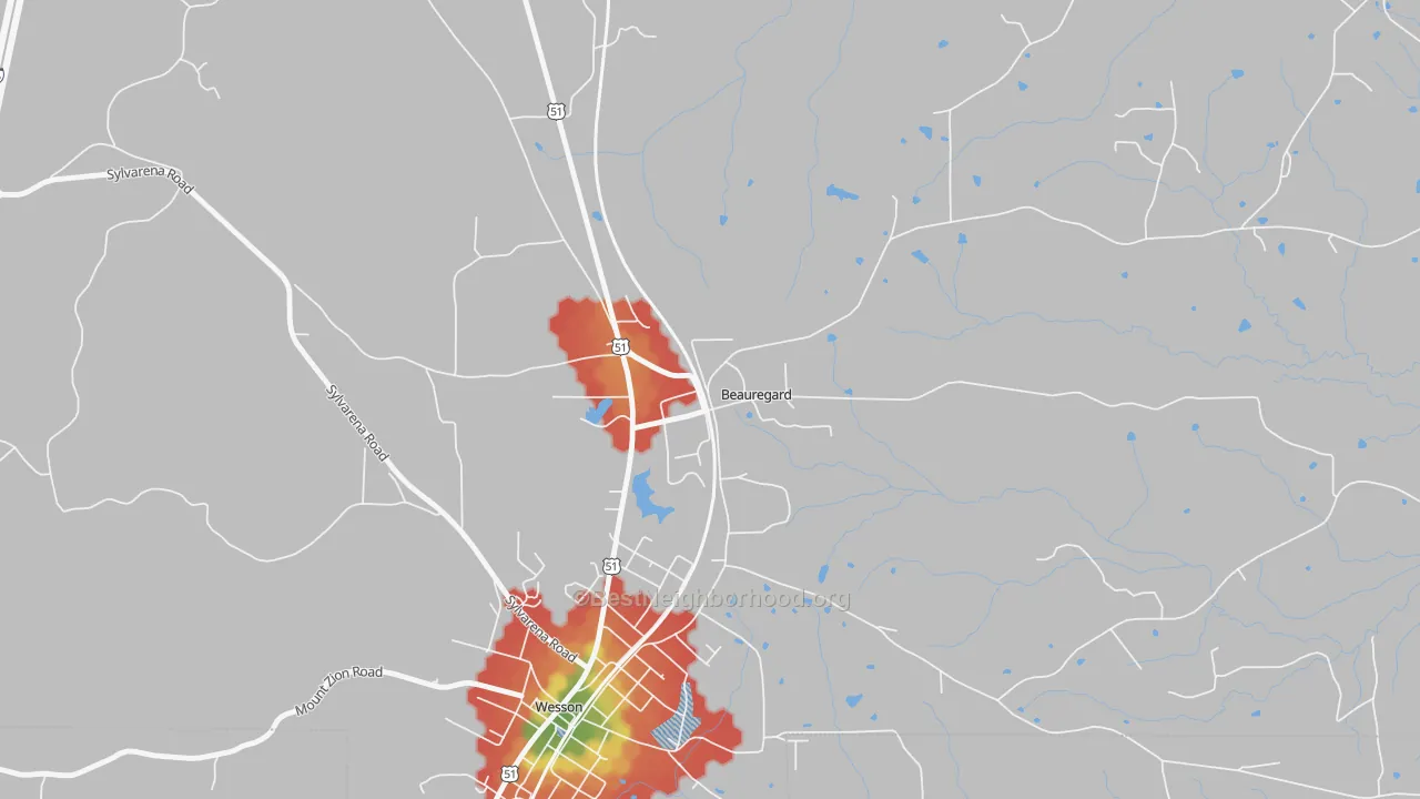 Walk Grade map of Beauregard, MS, walkable areas in green and car-dependent areas in red