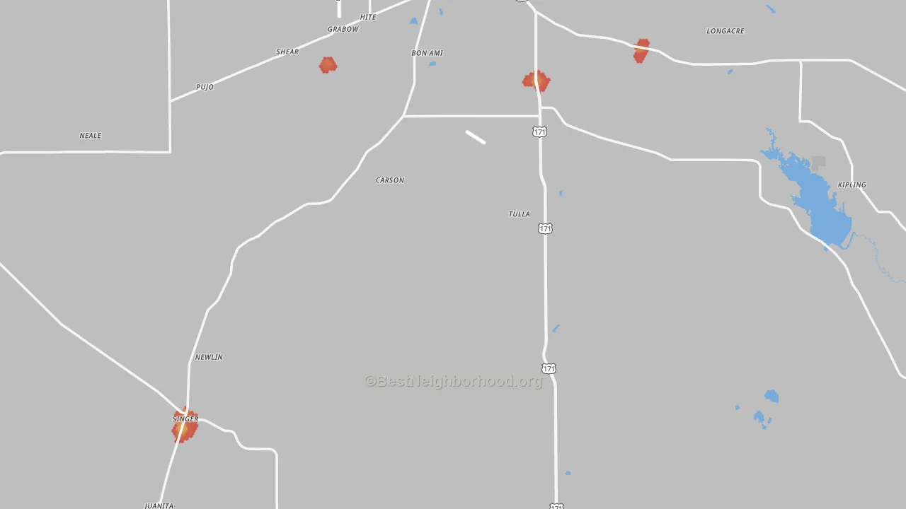 Walk Grade map of Beauregard Parish, LA, walkable areas in green and car-dependent areas in red