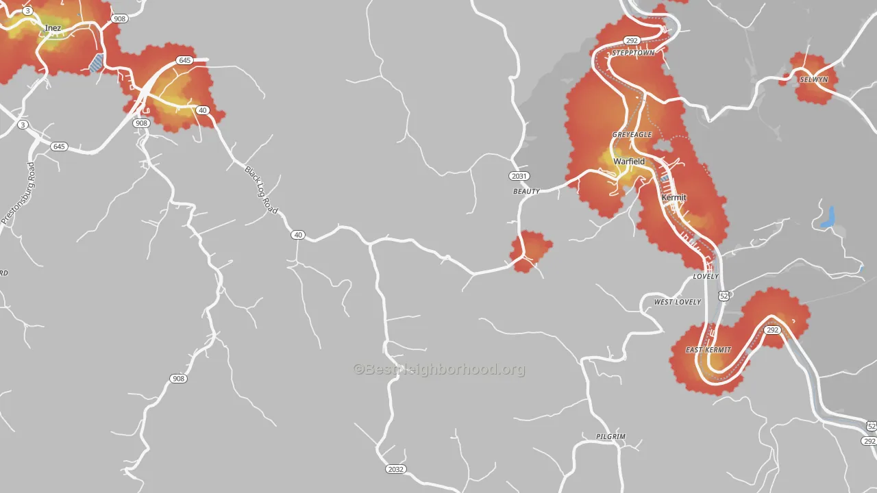 Walk Grade map of Beauty, KY, walkable areas in green and car-dependent areas in red