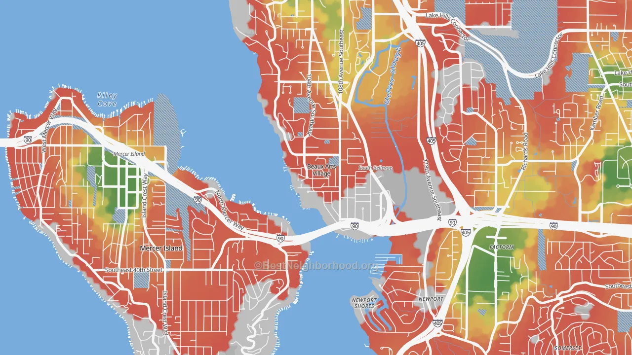 Walk Grade map of Beaux Arts Village, WA, walkable areas in green and car-dependent areas in red