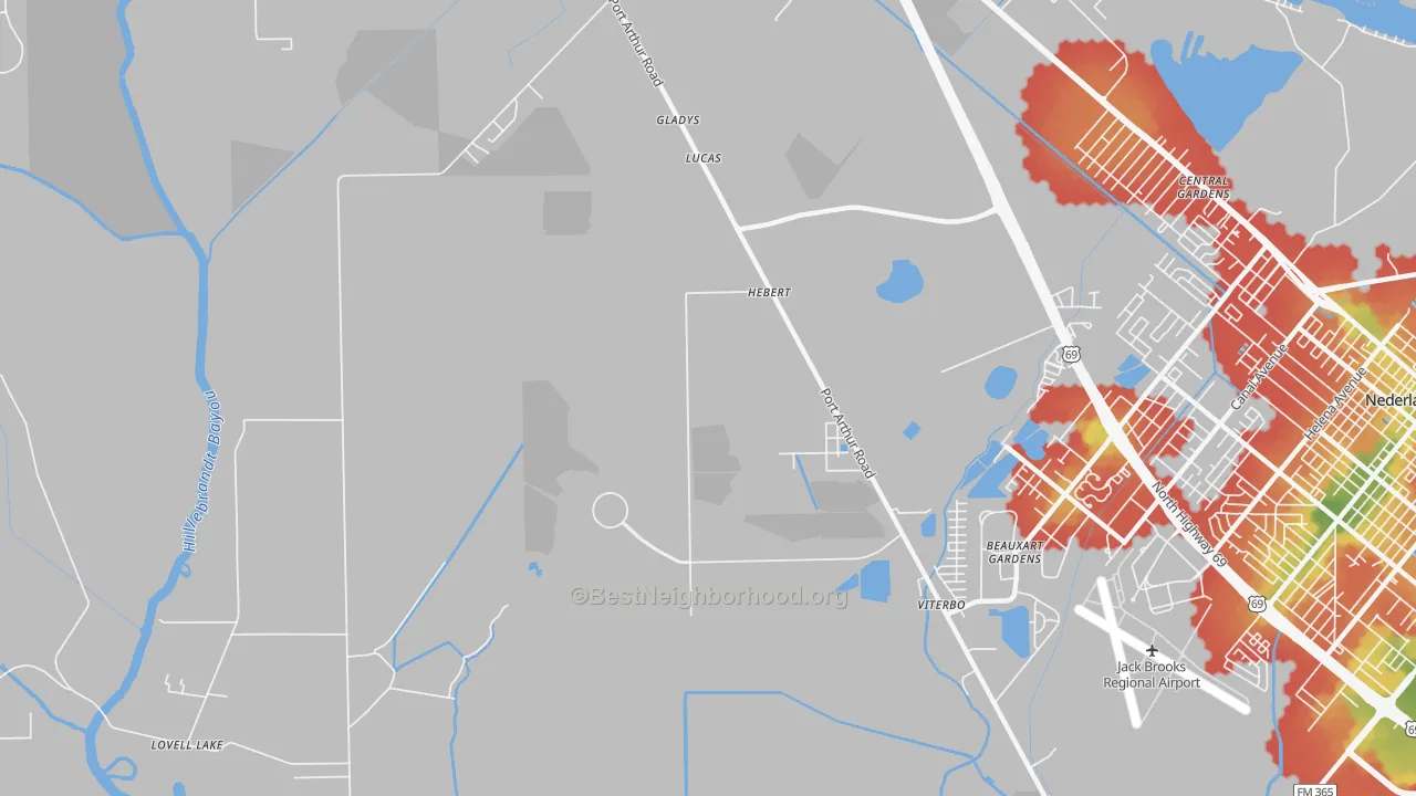 Walk Grade map of Beauxart Gardens, TX, walkable areas in green and car-dependent areas in red